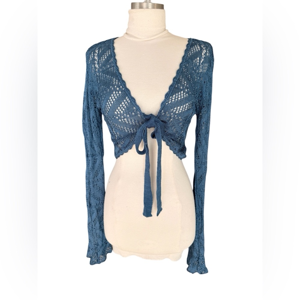 BETTE PAIGE Crochet Tie-Front Bolero Cardigan in Dusty Teal NEW WITH TAGS